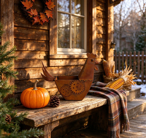 Rustic metal rooster - rustic, planter